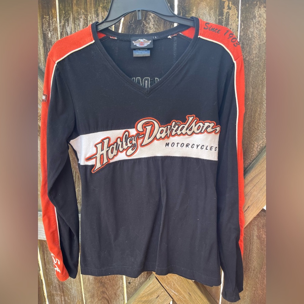 Harley-Davidson Black V-Neck Top with Orange Accents